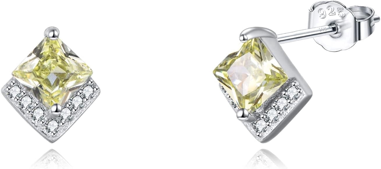 Birthstone Stud Earrings Sterling Silver Square Created Peridot Light Green Crystal August Earrings Cubic Zirconia Hypoallergenic Piercing Jewelry Small Gifts for Women Mothers