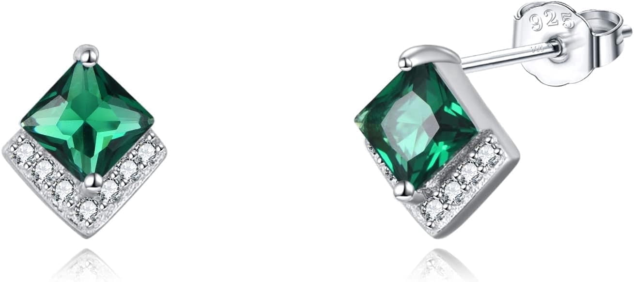 Birthstone Stud Earrings Sterling Silver Square Created Emerald Bright Green Crystal May Earrings Cubic Zirconia Piercing Jewelry Small Gifts for Women Mothers