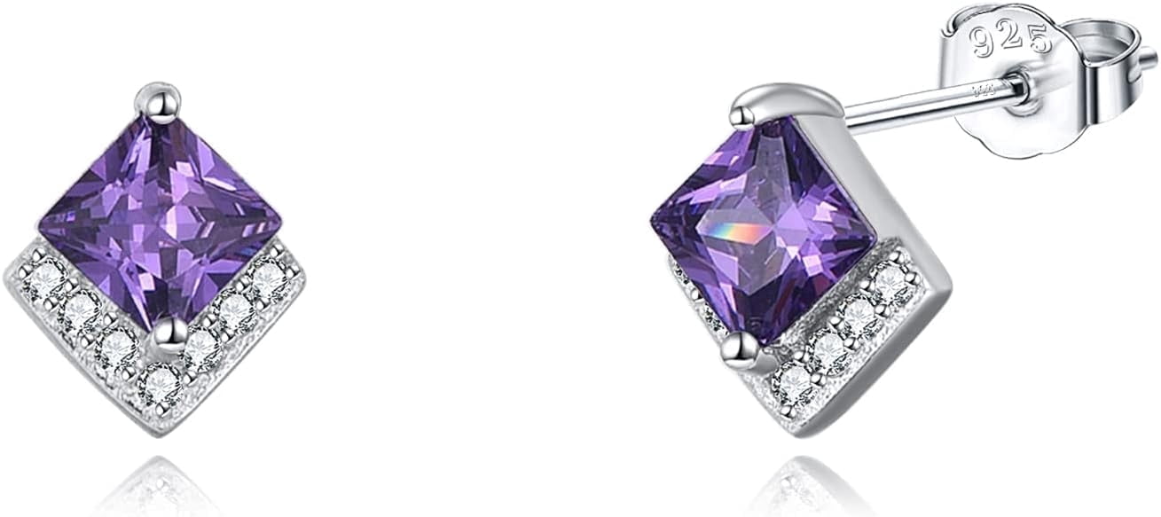Birthstone Stud Earrings Sterling Silver Square Created Amethyst February Earrings Cubic Zirconia Piercing Jewelry Small Gifts for Women Mothers