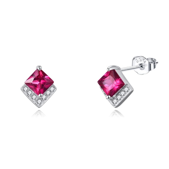 Birthstone Stud Earrings Sterling Silver Square Created Ruby Red Crystal July Earrings Cubic Zirconia Hypoallergenic Piercing Jewelry Small Gifts for Women Mothers