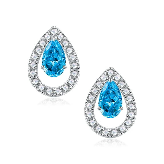 Birthstone Stud Earrings for Women Rhodium Plated S925 Sterling Silver Three Prong Halo Pear Cut Sparkle Birthstone Earrings Jewelry for Women