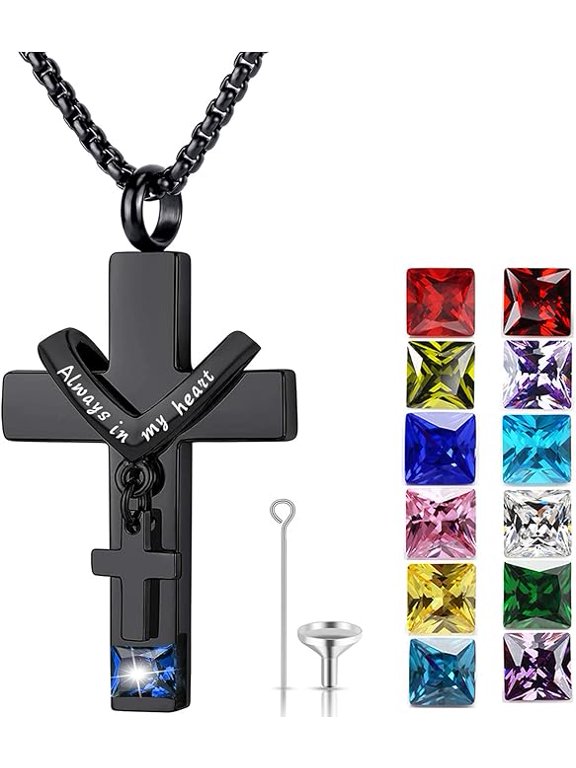 Birthstone Urn Necklaces for Ashes Cross With 12 Birthstones Cross Urns for Human Ashes Memorial Cremation Urn Locket Keepsake Ashes Jewelry