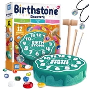 Birthstone Dig Kit for Kids - 12 Real Gemstones DIY Necklace Craft, Cake-Shaped STEM Geology Excavation Toy with Learning Poster, Birthday Party Gift for Boys & Girls Ages 6-12