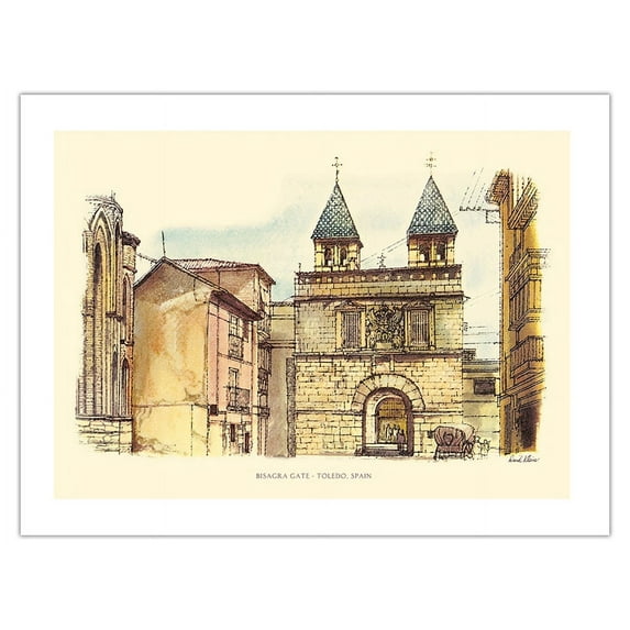 Bisagra Gate (Puerta de Bisagra) - Toledo Spain - Vintage Airline Travel Poster by David Klein c.1960s - Bamboo Fine Art 290gsm Paper Print (Unframed) 18x24in