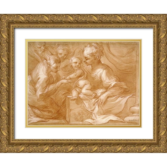 Biscaino, Bartolomeo 24x19 Gold Ornate Wood Framed with Double Matting Museum Art Print Titled - Mystic Marriage of Saint Catherine