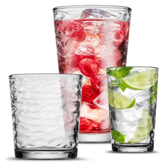 Biscayne 18-Piece Family Drinking Glasses Set - Drinking Glassware Set with Highball Cooler, DOF (Double Old Fashioned), and Juice Glasses - 6 Each 18-Piece Biscayne Glassware Set