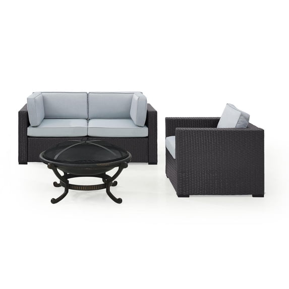 Biscayne 4Pc Outdoor Wicker Conversation Set W/Fire Pit Mist/Brown - Armchair, Ashland Firepit, 2 Corner Chairs