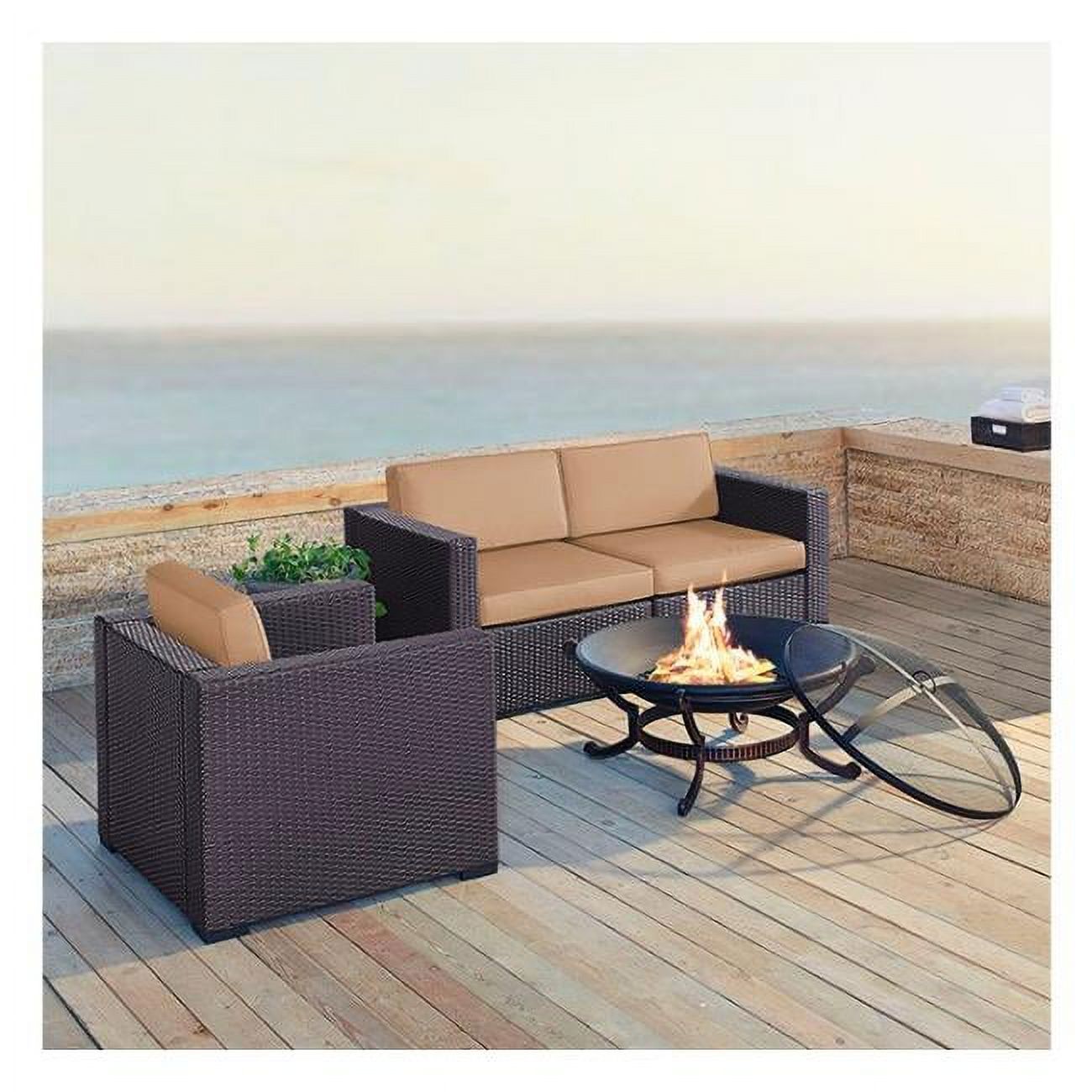 Biscayne 4Pc Outdoor Wicker Conversation Set W/Fire Pit Mocha/Brown - Armchair, Ashland Firepit, & 2 Corner Chairs - image 1 of 4