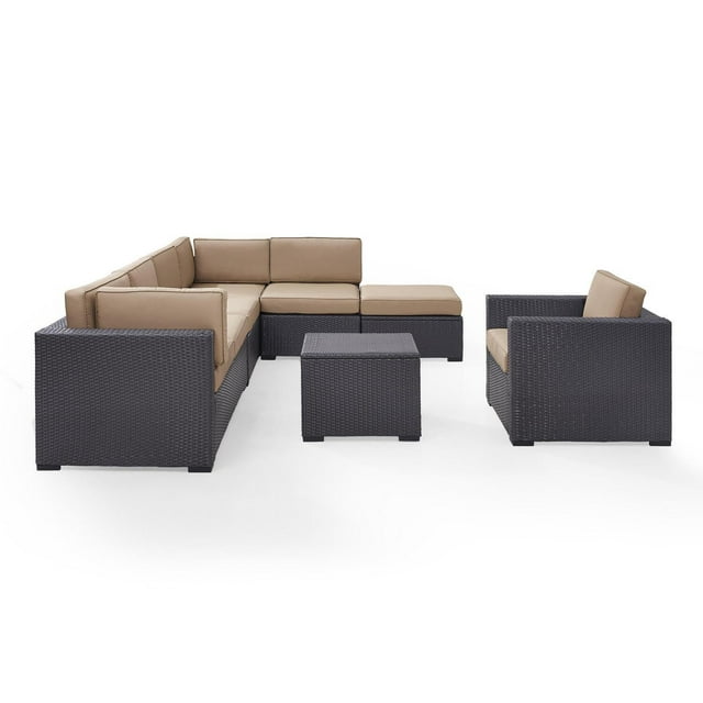 Biscayne 7 Person Outdoor Wicker Seating Set In Mocha - Two Loveseats, One Armless Chair, One Arm Chair, Coffee Table, Ottoman