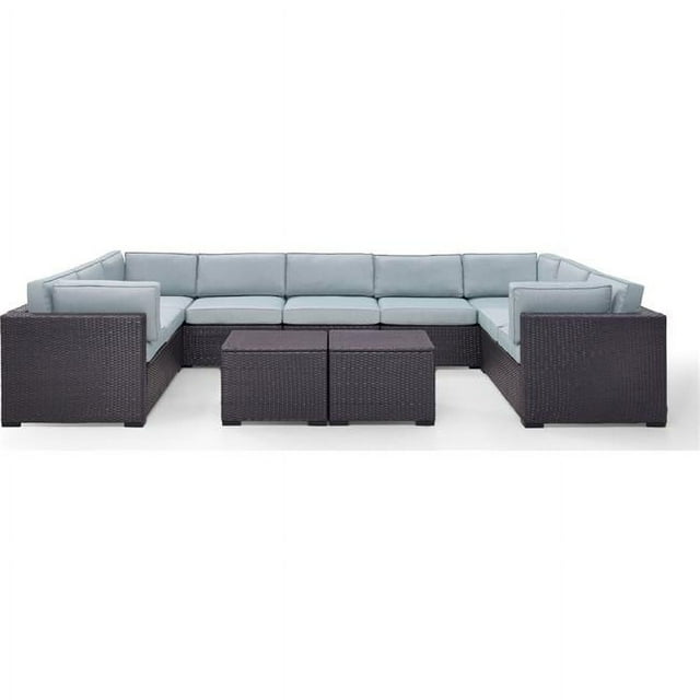 Biscayne 9 Person Outdoor Wicker Seating Set, Mist - Four Loveseats, One Armless Chair, Two Coffee Tables