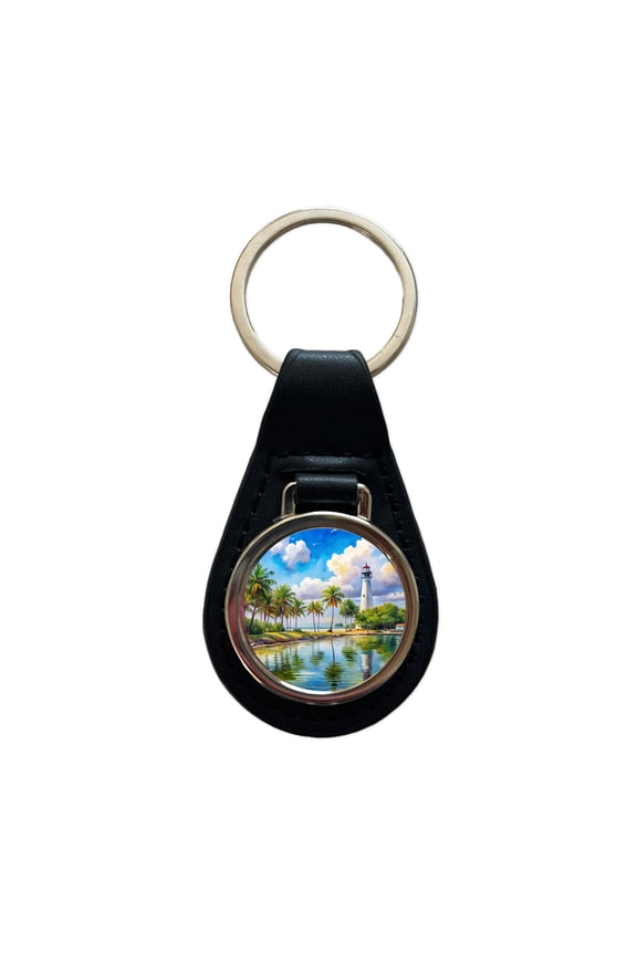 Biscayne National Park Florida Watercolor Style Metal Black Leather Keychain