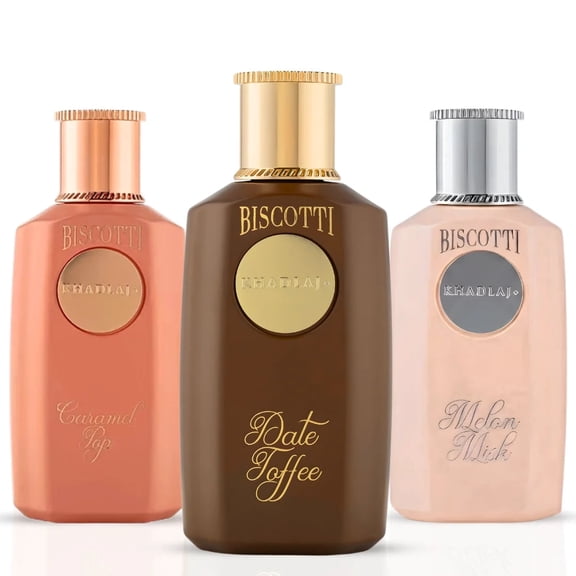 Biscotti Melon Misk, Date Toffee & Caramel Pop Eau de Parfum Sprays 100ml (3.4 oz) by Khadlaj (Bundle)