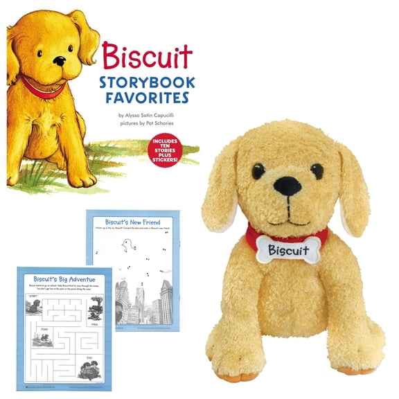 Biscuit Educational Gift Set includes Hardcover Biscuit Storybook Favorites 10 Stories Collection by Alyssa Satin Capucilli, Biscuit Dog Plush Doll, and Activity Pages