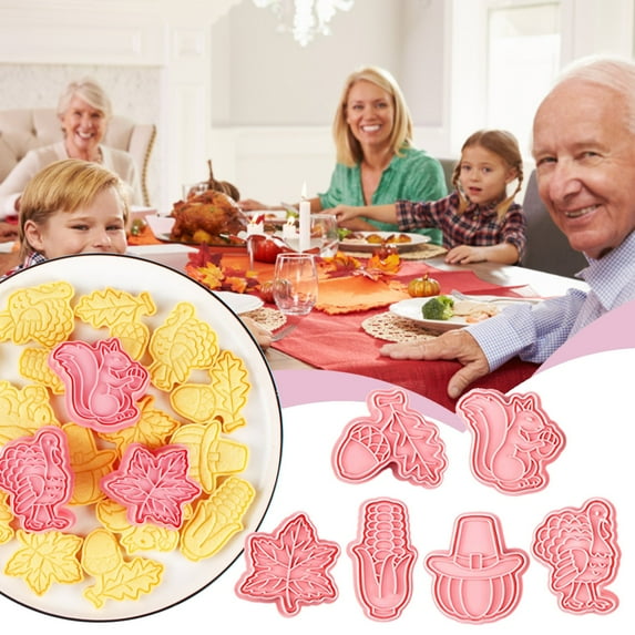 Biscuit Moulds,Thanksgiving Cookie Cutter Set 6 Pcs Cookie Cutters For Making Corn Maple Leaves Turkey Pie 3D Mini Fondant Cookie Stampers For DIY Cake Baking Decoration Favors