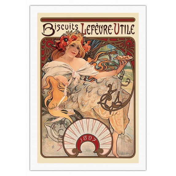 Biscuits Lefèvre-Utile - Vintage France Advertising Poster by Alphonse Mucha c.1897 - Fine Art Rolled Canvas Print 27in x 40in