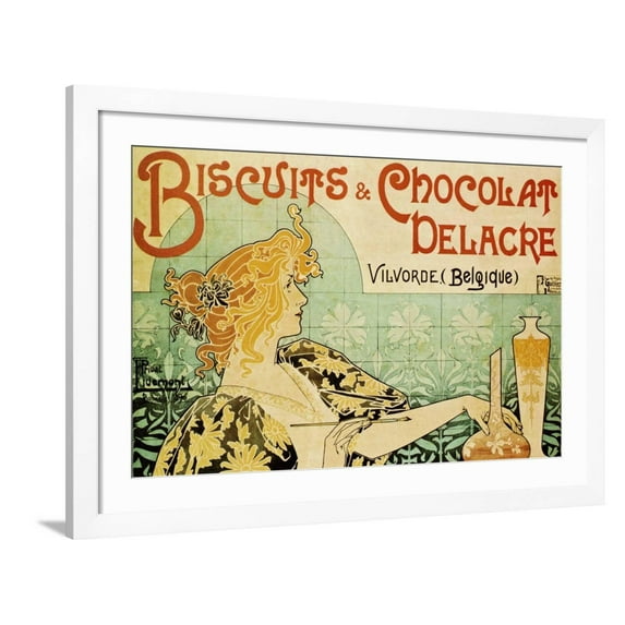 Art.com Biscuits and Chocolate Delcare Art Print by Alphonse Mucha, White Frame Wall Art, 44" x 32"