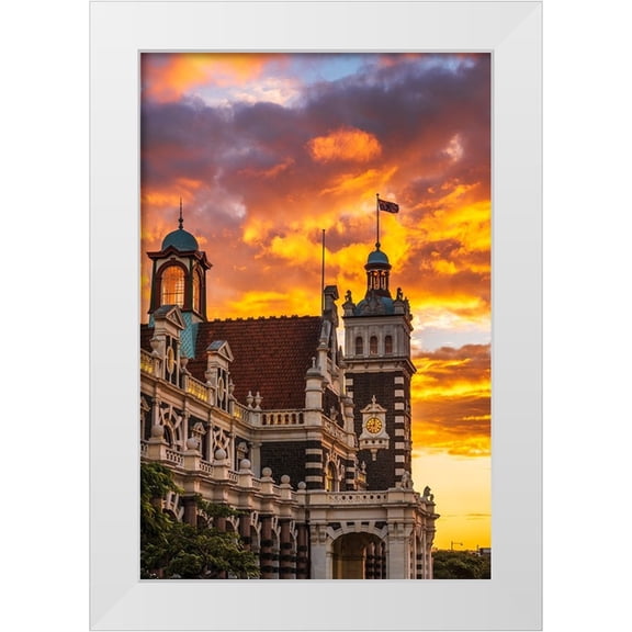 Bishop, Russ 23x32 White Modern Wood Framed Museum Art Print Titled - Sunset over the Dunedin Railway Station-Dunedin-South Island-New Zealand