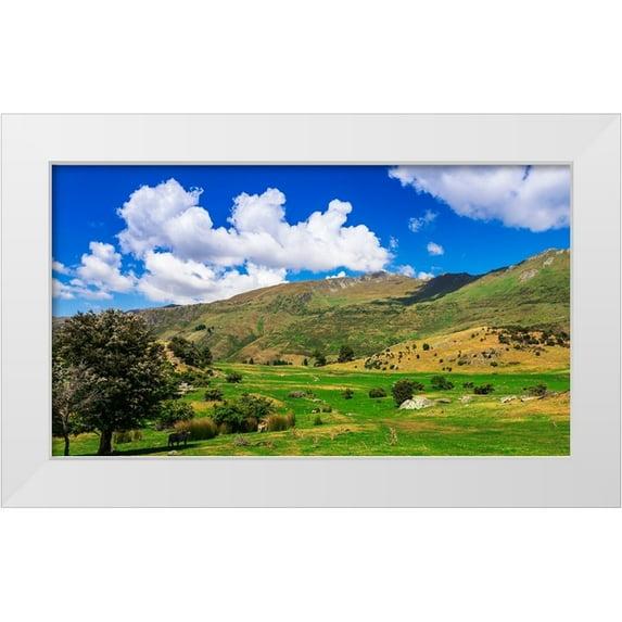 Bishop, Russ 32x20 White Modern Wood Framed Museum Art Print Titled - Sheep ranch on the shore of Lake Wanaka-Otago-South Island-New Zealand
