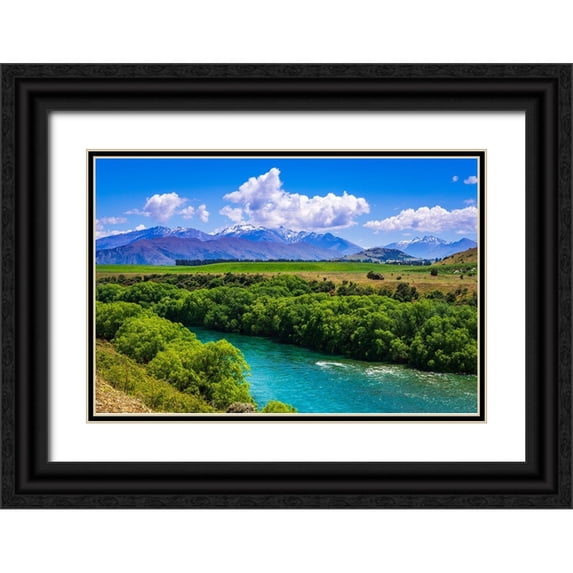 Bishop, Russ 32x23 Black Ornate Wood Framed with Double Matting Museum Art Print Titled - River view from the Upper Clutha River Track-Central Otago-South Island-New Zealand