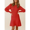 thumbnail image 1 of Bishop Sleeve Flared Knit Dress, Red, Large, 1 of 5