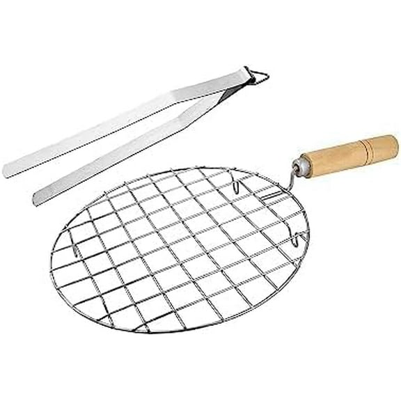 BishtHub Round Wire Wooden Handle Roaster With Chimta Steel Cooking Tong Roti Papad Jali Roti Maker Barbeque Jali Roaster Kitchen Tool Combo Set- Set Of 1(1Roasting Net + 1 Tong)