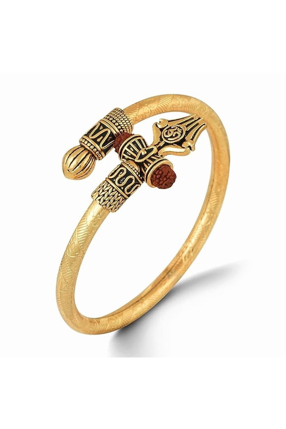 Rudraksha Shiv Trishul Damroo Adjustable Pure Metal Golden Bahubali Kada Mahadev Gold Cuff Bracelets For Unisex Adult Stylish- Pack Of 1