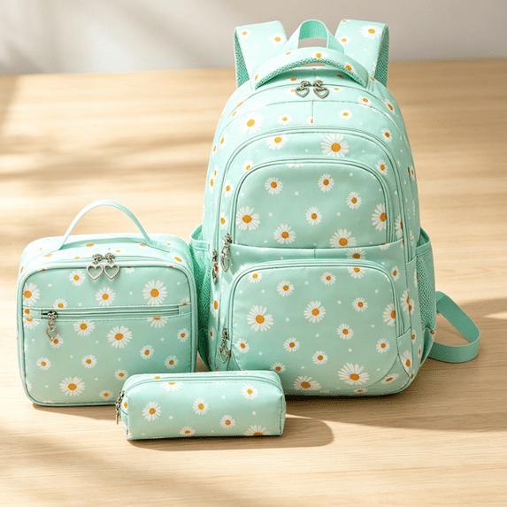 Bisitoy 3 in 1 Daisy Print Backpack Set Large Capacity Casual Daypack with Handbag & Pencil Pouch, Fashion Laptop Backpack for Office, Students, Daily Travel