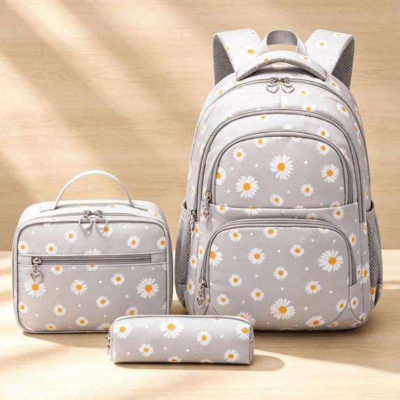 Bisitoy 3 in 1 Daisy Print Backpack Set Large Capacity Casual Daypack with Handbag & Pencil Pouch, Fashion Laptop Backpack for Office, Students, Daily Travel