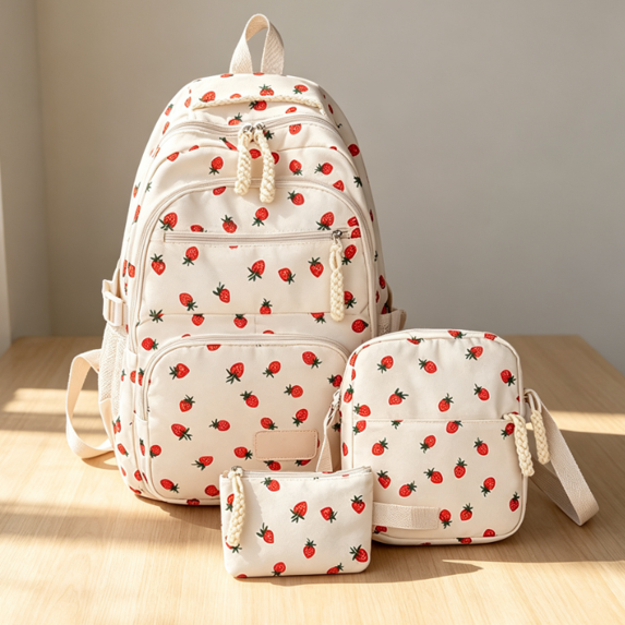 Bisitoy 3 in 1 Strawberry Print Backpack Set, Large Capacity Casual Daypack with Crossbody Bag & CoinPouch, Fashion Laptop Backpack for Students