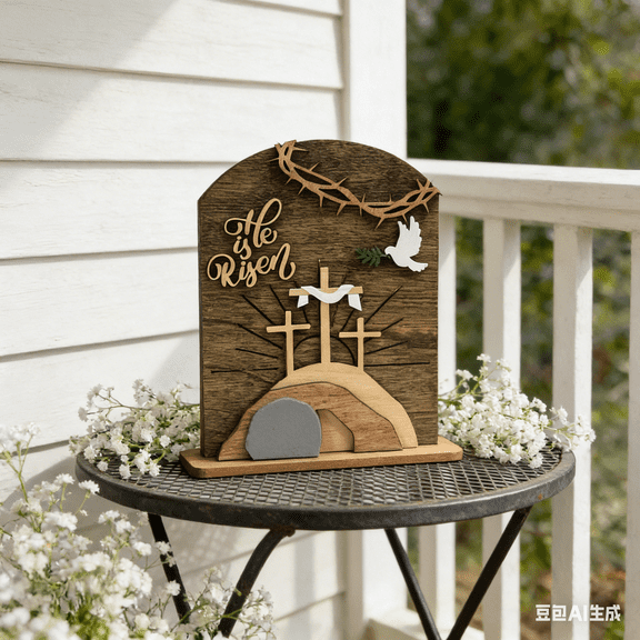 Bisitoy Easter Decorations, He is Risen Sign with Tomb and Cross Design