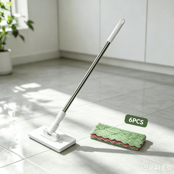 Bisitoy Flat Clamp Type Floor Mop with 6 Reusable Cleaning Pads for Household Floor Cleaning