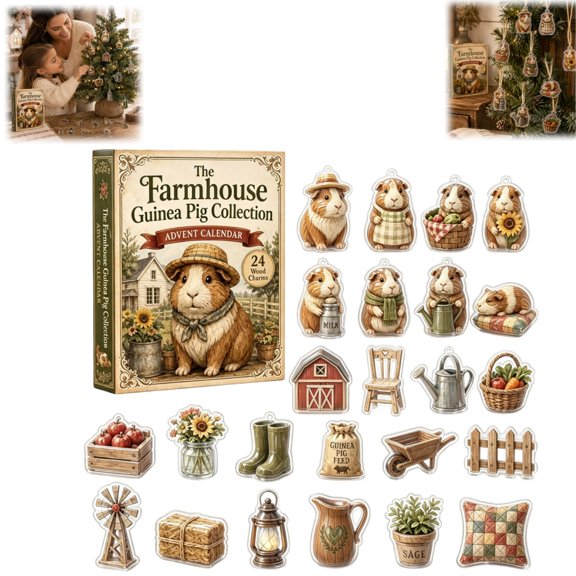 Bisitoy Guinea Pig Collection Advent Calendar, 24 Pcs 2D Acrylic Farm Theme Christmas Ornaments, Xmas Tree Hanging Decor Gift Set