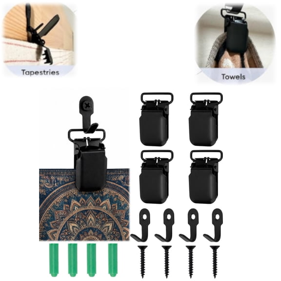 Bisitoy Heavy Duty Tapestry Hanging Clips Set, Metal Wall Clamps with Hooks Screws and Wall Anchors, No Damage Clips for Tapestry, Curtain, Flag, Poster