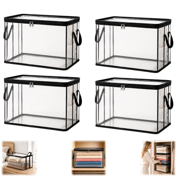 Bisitoy Large Clear Thick Plastic Storage Box with Hinged Lid, Zippered Bag with Handles for Clothes Moving Dorm
