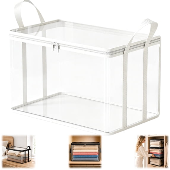 Bisitoy Large Clear Thick Plastic Storage Box with Hinged Lid, Zippered Bag with Handles for Clothes Moving Dorm