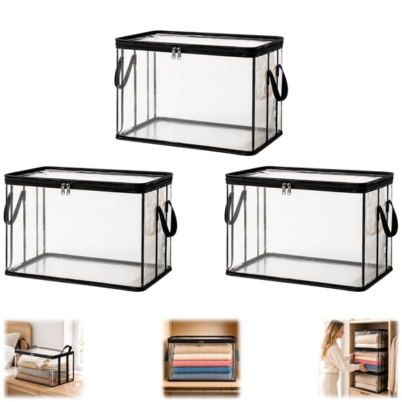 Bisitoy Large Clear Thick Plastic Storage Box with Hinged Lid, Zippered Bag with Handles for Clothes Moving Dorm