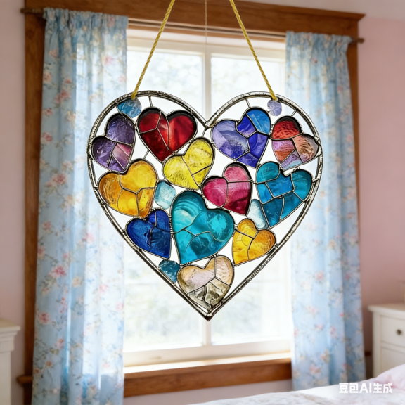 Bisitoy Sun Catcher for Window Hanging with Colorful Heart Designs, Acrylic Suncatcher Ornament for Romantic Room Decor, Valentine's Day & Housewarming Gift Idea for Women
