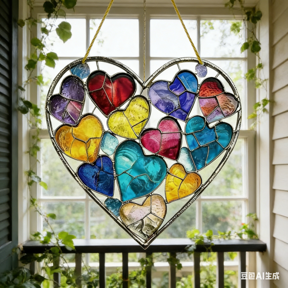 Bisitoy Valentine's Day Sun Catcher for Window Hanging with Colorful Hearts Designs, Acrylic Suncatchers Hanging Ornaments for Romantic Valentine's Room Decor, Housewarming Gift for Women