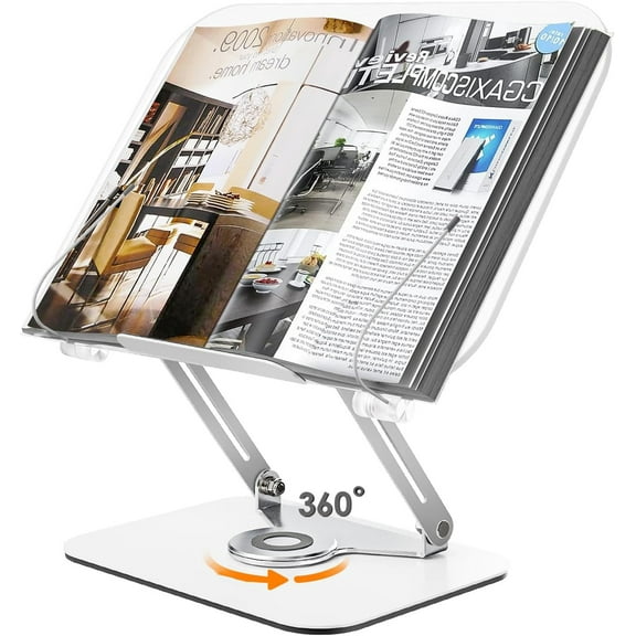 Bisofice Acrylic Book Stand for Reading, Height Adjustable Book Holder with 360 Rotates Base & Page Clips, Foldable Desktop Riser for Laptop, Recipe, Textbook , Cookbook Stand