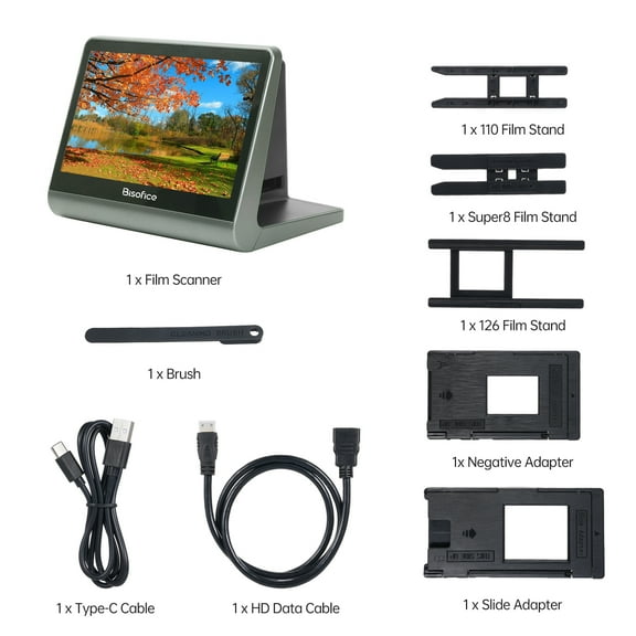 Bisofice Film And Slide Scanner For 135 Film36x24mm/126KPK /110 Film/Super8/ Monochrome/Slide To Digital JPEG Photos Built-in 16GB Memory 7'' LCD Screen  APP Support 48W