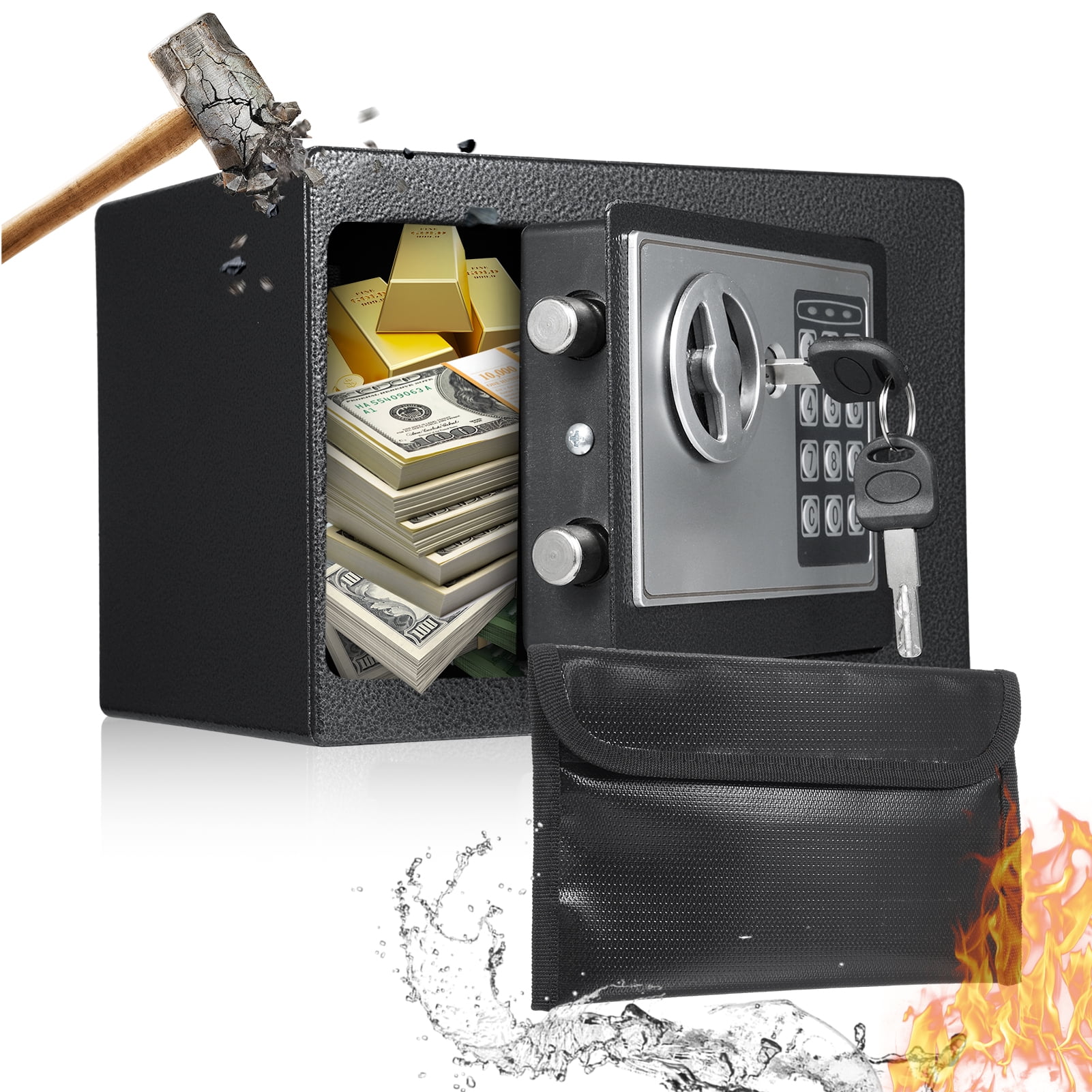 Bisofice Safe Box Fireproof Waterproof, 0.2 Cubic Feet Electronic Security Digital Keypad and Key Lock Boxes with Fireproof Bag, Steel Money Box for Home Office Hotel Business