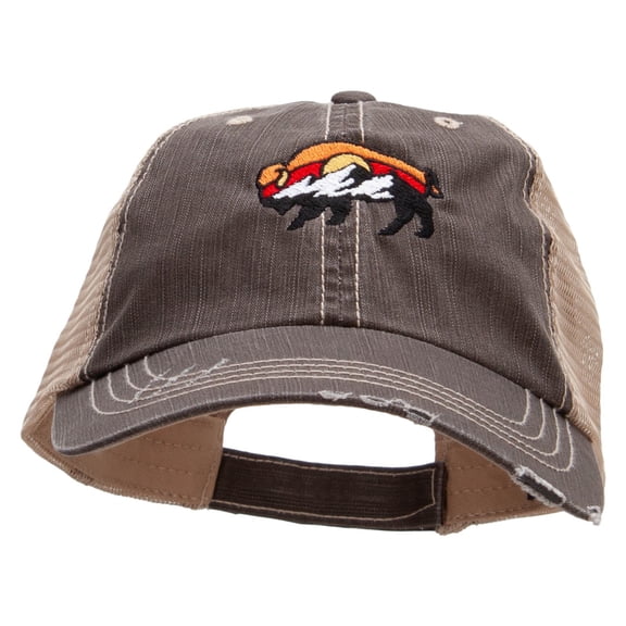 Bison And Mountains Embroidered Low Profile Special Cotton Mesh Cap - Brown Khaki OSFM
