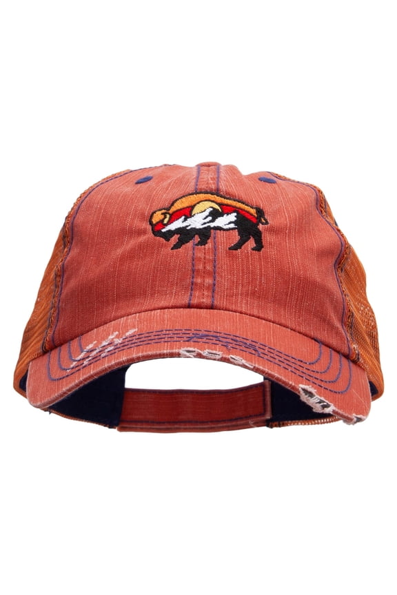 Bison And Mountains Embroidered Low Profile Special Cotton Mesh Cap - Orange OSFM