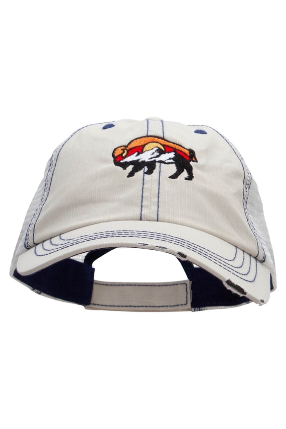 Bison And Mountains Embroidered Low Profile Special Cotton Mesh Cap - Putty OSFM