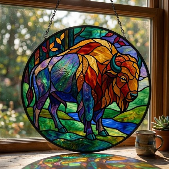 Bison Buffalo Faux Stained Glass Acrylic Suncatcher, Window Hanging Decor, Farmhouse Decor Gift