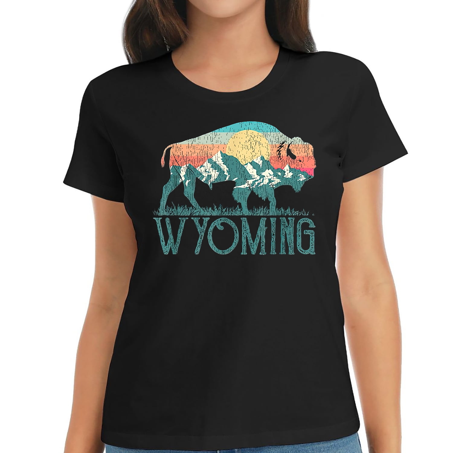Bison Buffalo Retro Wyoming Tee Wy Mountains Retro T-Shirt - Walmart.com