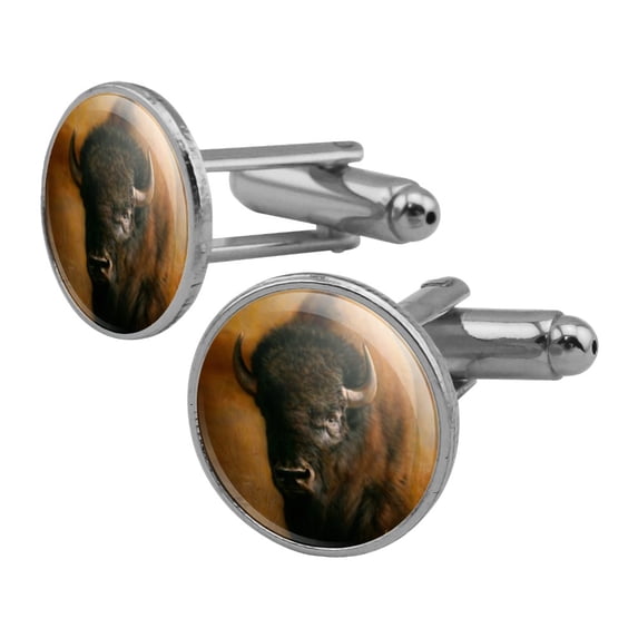 Bison Buffalo on the Praire Field Round Cufflink Set Silver Color