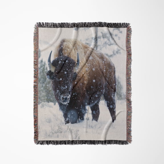 Bison Bulls, Winter Landscape, Woven Blanket