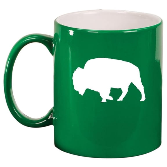 Bison Ceramic Coffee Mug Tea Cup Gift for Her, Him, Friend, Coworker, Wife, Husband, Animal Lover (11oz Green)