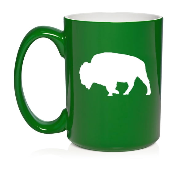 Bison Ceramic Coffee Mug Tea Cup Gift for Her, Him, Friend, Coworker, Wife, Husband, Animal Lover (15oz Green)
